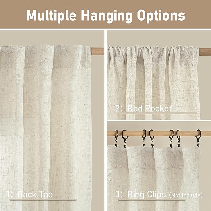 LAMIT Light Filtering Linen Curtains 84 inches Long for Bedroom, Cream Ivory Linen Textured Semi Sheer Back Tab and Rod Pocket Natural Boho Drapes for Living Room, 2 Panels, 42 x 84 Inch