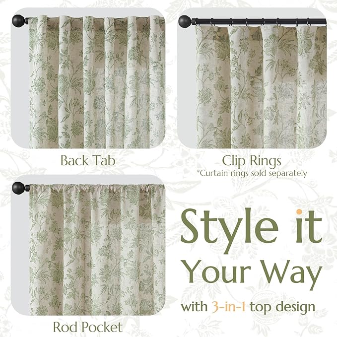 jinchan Linen Floral Curtains for Living Room with Printed Flower 90 Inches Long Light Filtering French Country Back Tab Rod Pocket Sage Green Window Curtain Set Farmhouse Drapes 2 Panels
