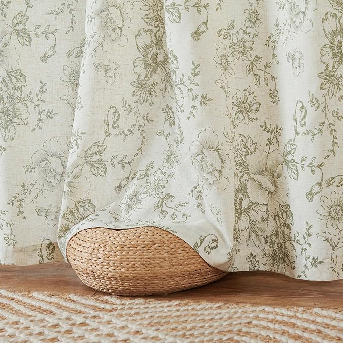 jinchan Linen Floral Curtains 63 Inch Length for Living Room Bedroom Light Filtering Farmhouse Peony Flower Drapes Rustic Window Curtain Set Rod Pocket Back Tab 2 Panels Green