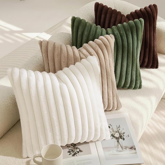decorUhome Cozy Faux Fur Throw Pillow Covers 26x26 Set of 2 Decorative Soft Plush Striped Modern Farmhouse Boho Couch Euro Sham Pillow Cases with Velvet Back for Sofa Bed Living Room, Khaki Brown