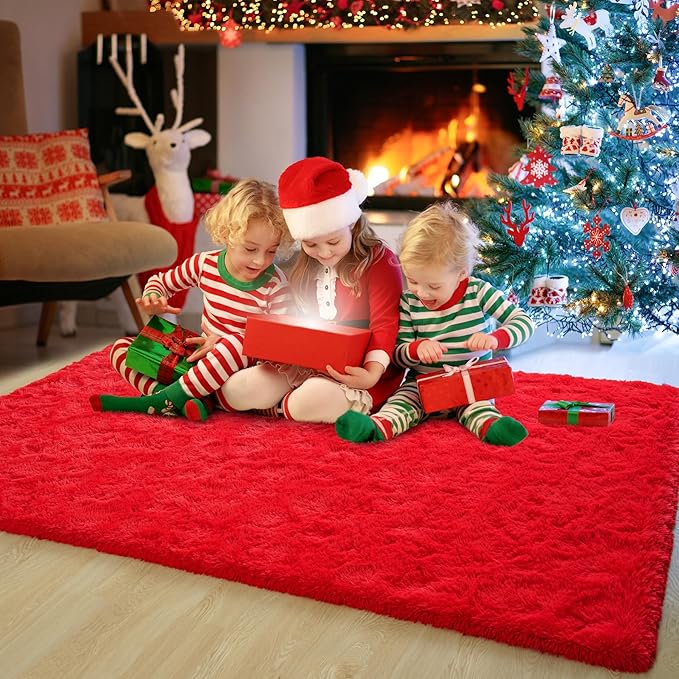 Chicrug Soft Area Rug for Bedroom Living Room Plush Fluffy Rug 8x10 Feet, Shag Furry Area Rug Carpet Non Shedding for Nursery Children Kids Girls Room Home Decorative, Red