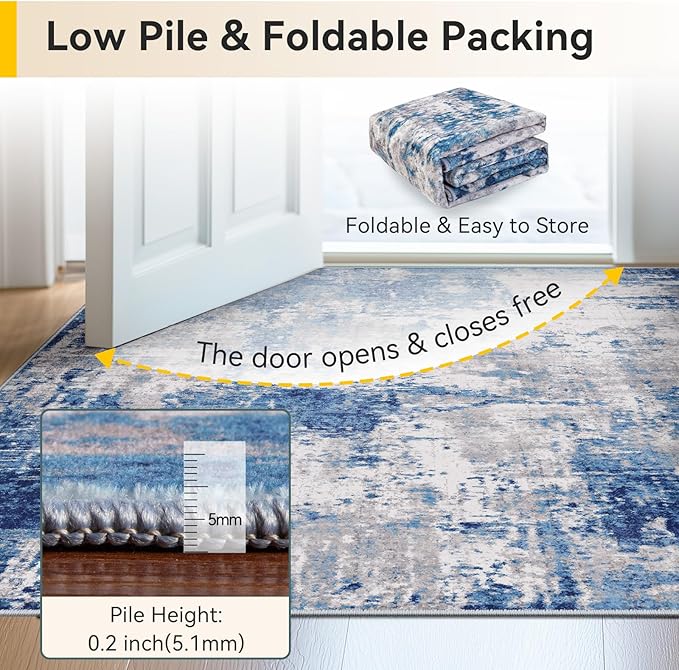 Washable Area Rugs 3x12 Non-Slip Modern Abstract Soft for Living Room Entryway Bedroom Nursery, Print Pattern, Blue Grey Navy Gray