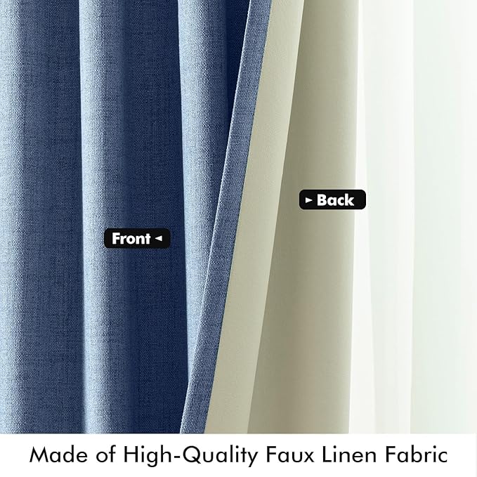 MIULEE 100% Blackout Linen Curtains for Bedroom, Blue Solid Luxury Decor Thermal Insulation Room Darkening Drapes for Living Room Nursery Back Tab Rod Pocket 42 x 72 Inches, 2 Panels