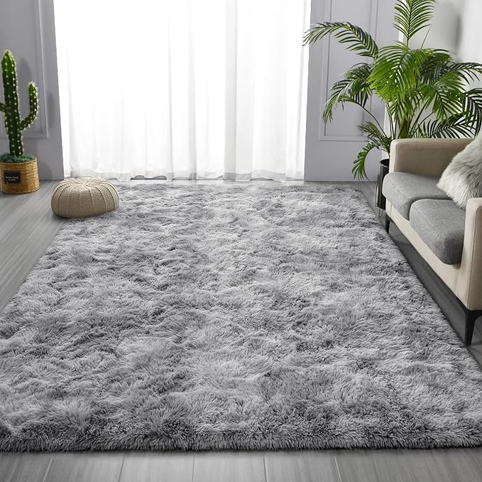 Large Shag Area Rugs 8 x 10, Tie-Dyed Plush Fuzzy Rugs for Living Room, Ultra Soft Fluffy Furry Rug for Bedroom, Indoor Carpet Nursery Rugs for Kids Room Home Decor, Light Grey