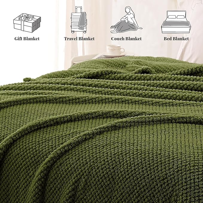 Whale Flotilla Queen Size Fuzzy Fleece Blanket, Fluffy Warm Soft Jacquard Bed Blankets for All Season, Lightweight and Cozy, 90x90 Inch, Olive