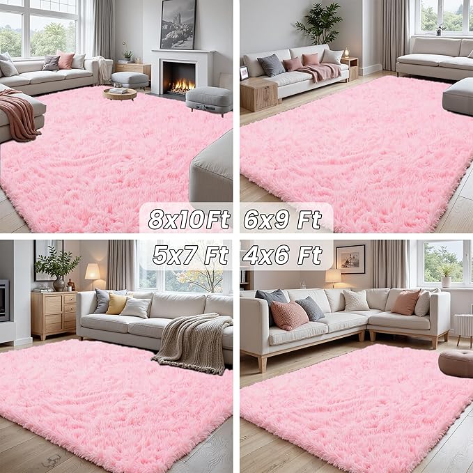 8x10 Area Rugs for Living Room Rug: Soft Fluffy Shag Light Pink Rugs for Bedroom, Non-Slip Large Fuzzy Plush Rug Indoor Floor Carpet for Nursery Kids Boys Girl Room, Dorms, Playroom, Modern Home Decor