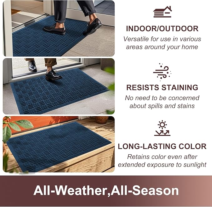 Mibao Front Door Mat Indoor Outdoor Entrance, Dirt Trapping Welcome Mats, Non-Slip Doormats, Low Profile Front Entryway, 36" x 24", Blue
