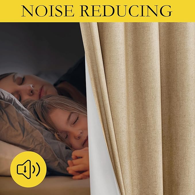 NICETOWN 100% Absolutely Blackout Linen Curtains with Thermal Insulated White Liner, Camel, 62" Wide, 2 Pieces, Privacy Vertical Window Drapes for Office Laundry Living Room Windows 84 inch Long