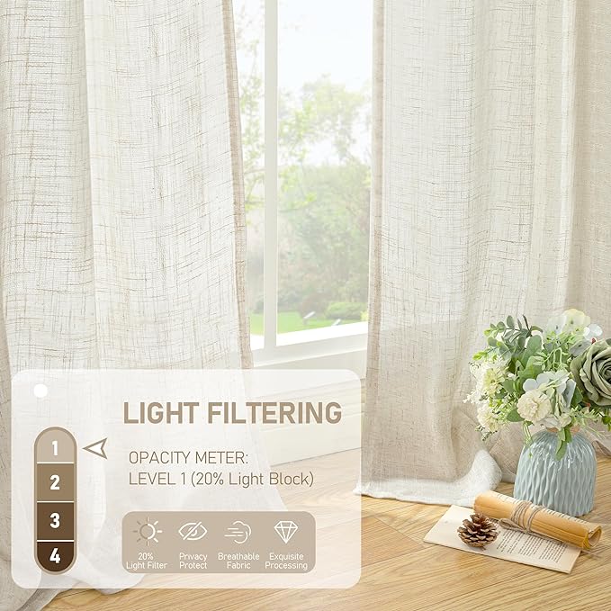 LAMIT Light Filtering Natural Linen Curtains 63 inches Long, Ivory Cream Linen Textured Semi Sheer Back Tab and Rod Pocket Boho Drapes for Bedroom/Living Room, 2 Panels, 70 x 63 Inch