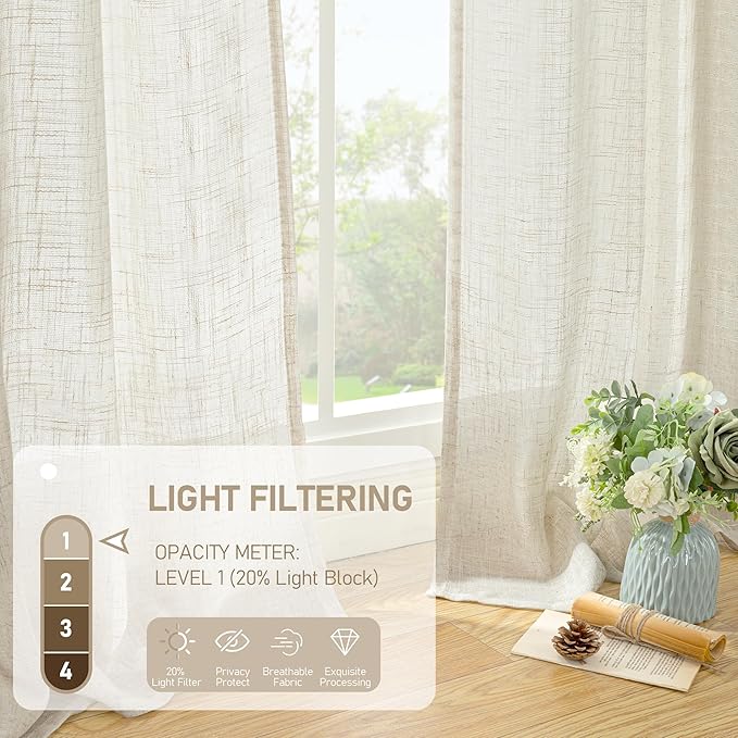 LAMIT 45 Inch Short Window Linen Curtains, Light Filtering Panels Back Tab and Rod Pocket Neutral Drapes for Cafe/Bathroom/Loft Room, Natural, 2 Panels, 34 x 45 Inch