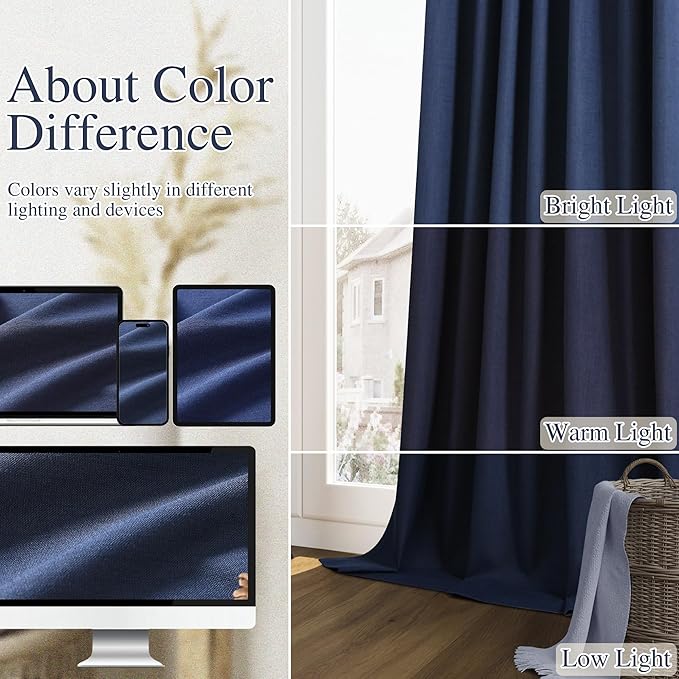 Guken Navy Blue 100% Blackout Curtains 108 Inch Length 2 Panels Set for Living Room Bedroom Back Tab Thermal Insulated Black Out Linen Drapes Room Darkening Window Curtains 108 Inches Long