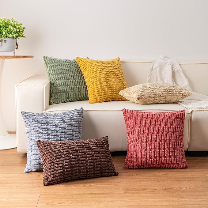 Pack of 2 Corduroy Decorative Throw Pillow Covers 22x22 Inch Soft Striped Pillow Covers Modern Farmhouse Home Decor for Sofa Living Room Couch Bed（Blackish Green）