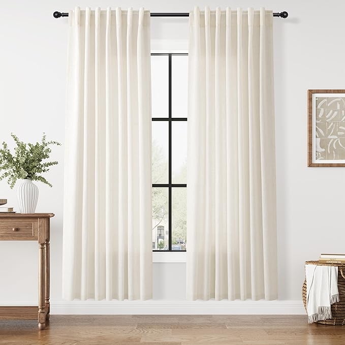 Nanspring Modern Linen Curtains for Living Room 80 Inches Long Light Filtering Semi Sheer Curtain Back Tab Neutral Luxury Modern Farmhouse Decor Linen Blend Drapes for Bedroom 52x80, 2 Panels
