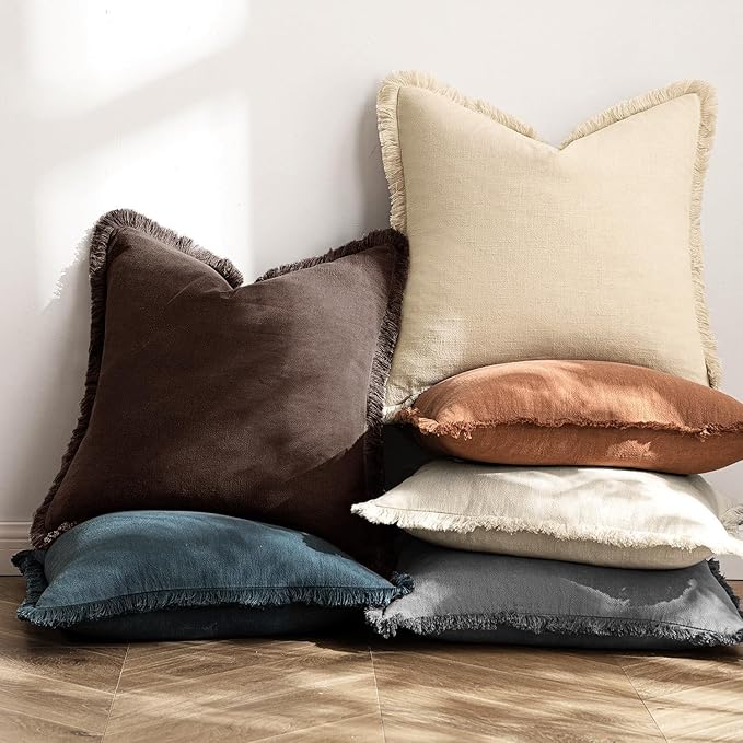 MIULEE Decorative Throw Pillow Covers Neutral Linen Fringe Throw Pillows Euro Shams Set of 2 Dark Brown Boho Farmhouse Cushion Covers for Couch Sofa Bed Living Room Spring Home Decor 26x26 Inch