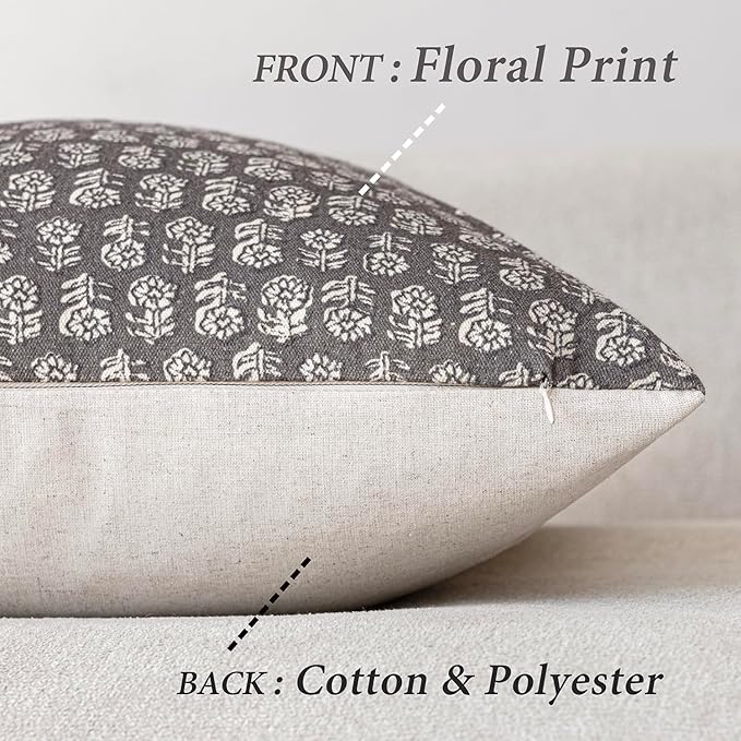 Foindtower Set of 2 Decorative Neutral Floral Print Throw Pillow Covers Vintage Accent Farmhouse Cushion Covers Boho Home Decor for Sofa Couch Chair Bedroom Living Room,20×20 Inch,Rustic Gray