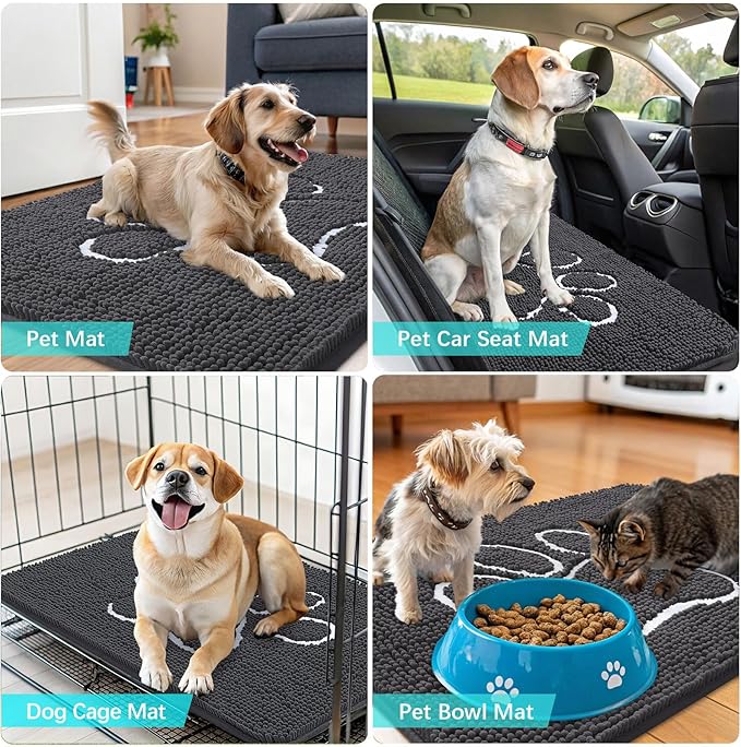 OLANLY Dog Door Mat for Muddy Paws 59x35, Paw Print Design, Absorbs Moisture and Dirt, Absorbent Non-Slip Washable Doormat, Quick Dry Chenille Mud Mat for Dogs, Entry Indoor Entryway Carpet, Dark Grey