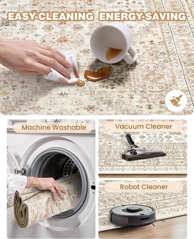 Runner Rug 2x10, Ultra-Thin Kitchen Rugs Non Slip Washable Rugs for Entryway Rug, Kitchen Runner Low Pile Vintage Soft Carpets for Living Room, Bathroom Bedroom (Cream/Beige,2'x10')