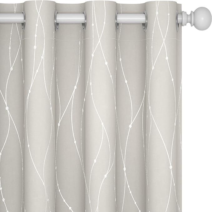 Deconovo Beige Curtains for Living Room, Thermal Insulated Soundproof Drapes with Wave Dot Silver Print, 52 x 63 Inch Long, Farmhouse Panel, Set of 2 Window Panels for Classroom Bedroom Office Nursery