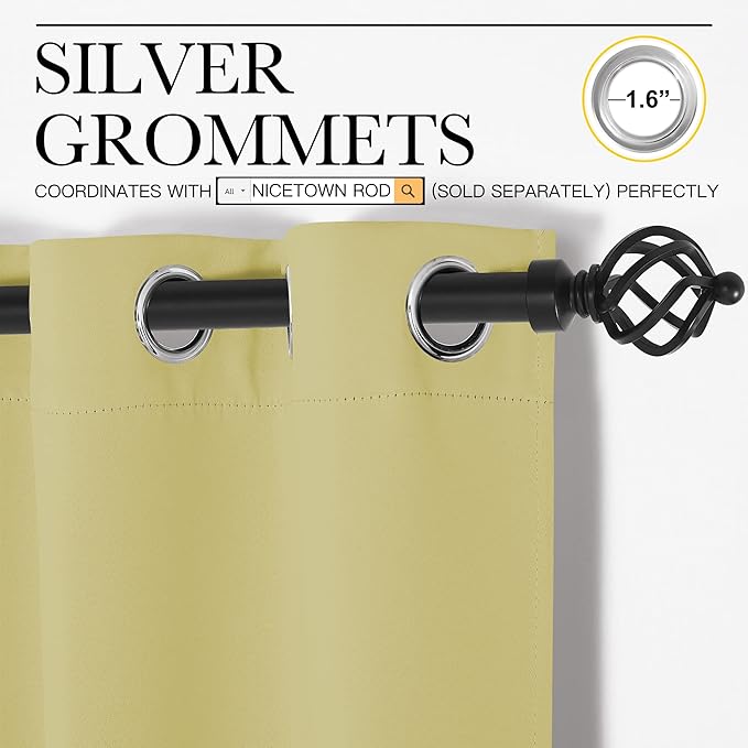 NICETOWN Blackout Window Curtains 60 inch Length 2 Panels, 34 x 60 Inch, Paler Yellow, Grommet Top Room Darkening Thermal Insulated Solid Vertical Drapes for Bedroom/Kid Room