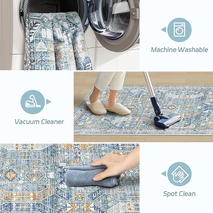 Madane Hallway Runner Rug 2x12, Extra Long Washable Runner Rugs with Rubber Backing, Non Slip Carpet Runner for Hallway, Vintage Rug Runners for Kitchen Laundry Room Entryway (Blue/Gold, 2'x12')