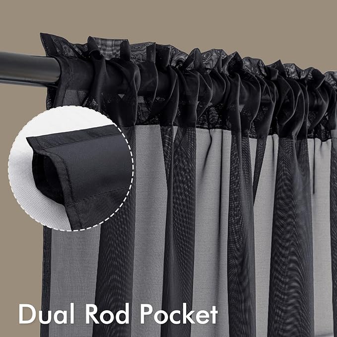 MIULEE Black Sheer Curtains 108 Inches Long, 4 Panels Set, Light Filtering Halloween Rod Pocket Voile Drapes for Living Room and Bedroom, Airy Soft Fabric Window Treatments, 54 x 108 Inches