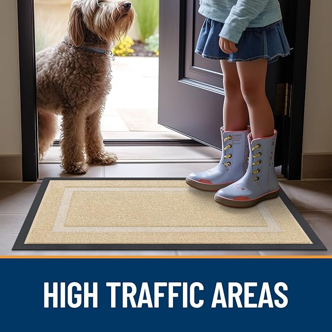 OLANLY Front Door Mat Indoor Outdoor Entrance, Waterproof All-Season, All-Weather Doormat, Sturdy Natural Rubber, Fade Resistant, Low Profile, Easy Clean Patio Porch Entryway Mat, 23.5x15.5, Beige