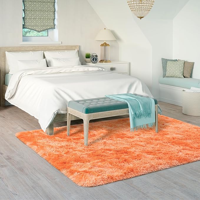 Goideal Fluffy Rug for Bedroom Living Room, 5x7 Orange Area Rugs, Faux Fur Shag Modern Carpet Ultra Soft Girls Boys Room Home Decor, Tie-Dyed