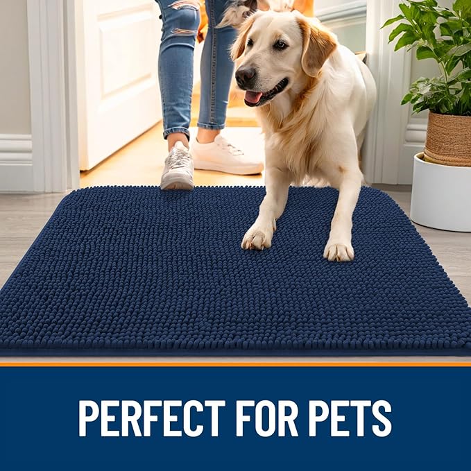 OLANLY Dog Door Mat for Muddy Paws 70x46, Absorbs Moisture and Dirt, Absorbent Non-Slip Washable Doormat, Quick Dry Chenille Mud Mat for Dogs, Entry Indoor Entryway Carpet for Inside Floor, Dark Blue