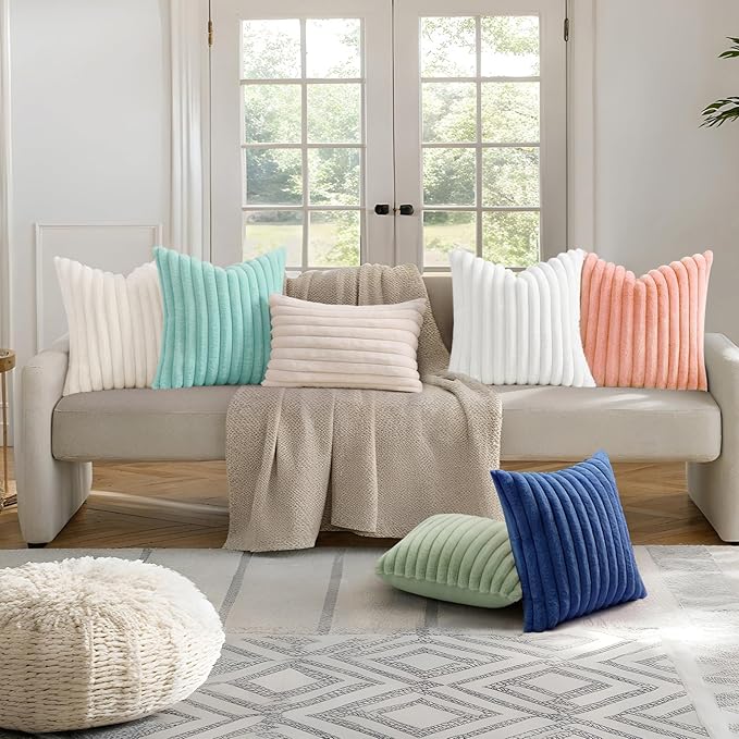 decorUhome Cozy Faux Fur Throw Pillow Covers 12x20 Set of 2 Decorative Soft Plush Striped Lumbar Modern Farmhouse Boho Couch Pillow Cases with Velvet Back for Sofa Bed Living Room, Blue