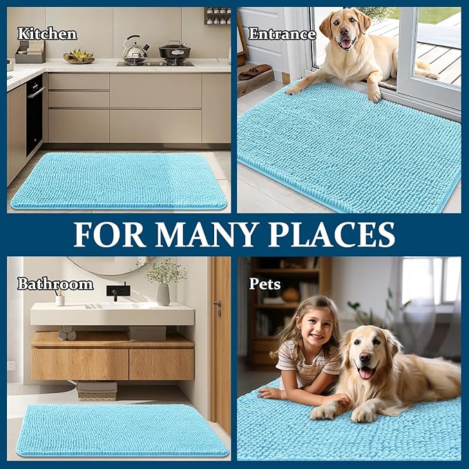 OLANLY Dog Door Mat for Muddy Paws 70x32, Absorbs Moisture and Dirt, Absorbent Non-Slip Washable Doormat, Quick Dry Chenille Mud Mat for Dogs, Entry Indoor Entryway Carpet for Inside Floor, Blue