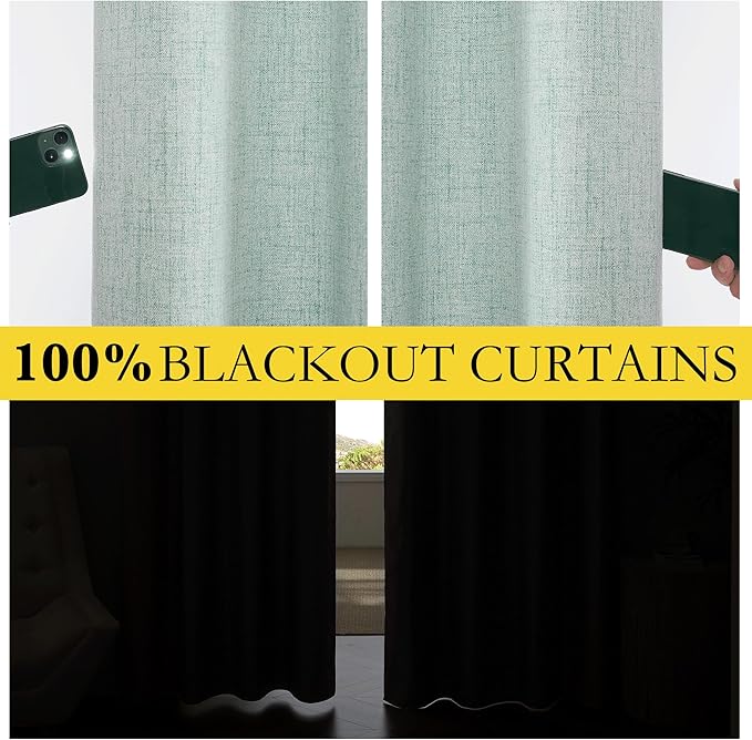 NICETOWN 100% Absolutely Blackout Linen Curtains with Thermal Insulated Liner, Seafoam Green, 62" Wide, 72" Length Energy Saving Curtains for Playroom 2 Panels Set, Vertical Blinds