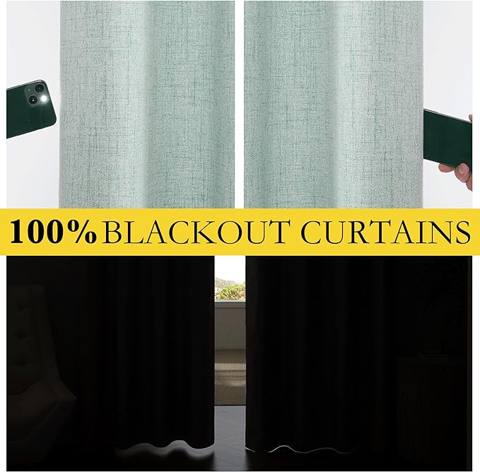 NICETOWN 100% Absolutely Blackout Linen Curtains with Thermal Insulated White Liner, Seafoam Green, 52 inches Wide, 84 inches Length Energy Saving Drapes for Living Room 2 Panels Set, Vertical Blinds
