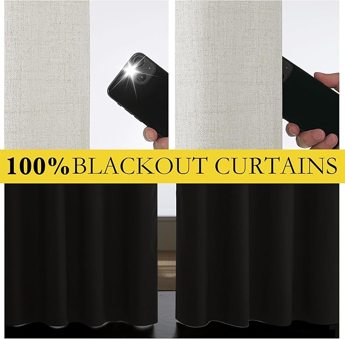 NICETOWN Snowbound Vintage Linen 100% Blackout Curtains for Kitchen, Thermal Insulated Curtains 63" Long, Noise Reducing Window Treatment Drapes for Dorm Room, 62" Wide Per Panel, Set of 2