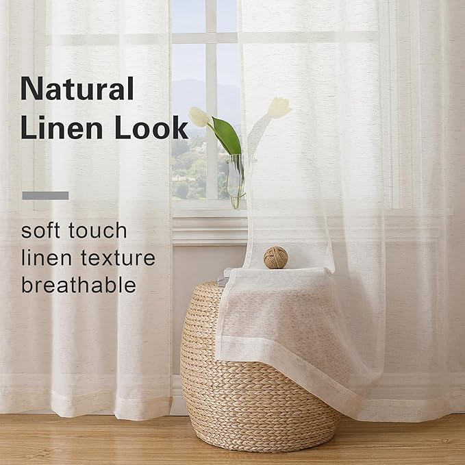 Simplebrand Natural Linen Textured Sheer Curtains 84 inches Length 2 Panels Set, Sheer Curtains Light Filtering Rod Pocket Window Sheer Curtain Panels, Elegant Curtains & Drapes for Bedroom, 40" W