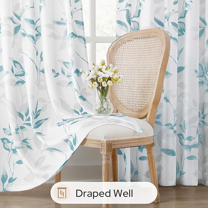 HOMEIDEAS Non-See-Through Teal and White Privacy Sheer Curtains 52 X 84 Inch Length 2 Panels, Leaf Floral Printed Light Filtering Semi Sheer Window Curtains Drapes for Bedroom Living Room