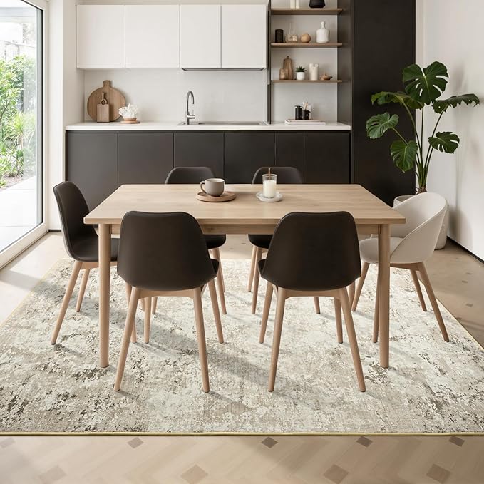 Toneed Abstract Area Rug 7x9 Modern Washable Rug Soft Non Slip Rug Low Pile for Bedroom Living Room Dining Room Beige