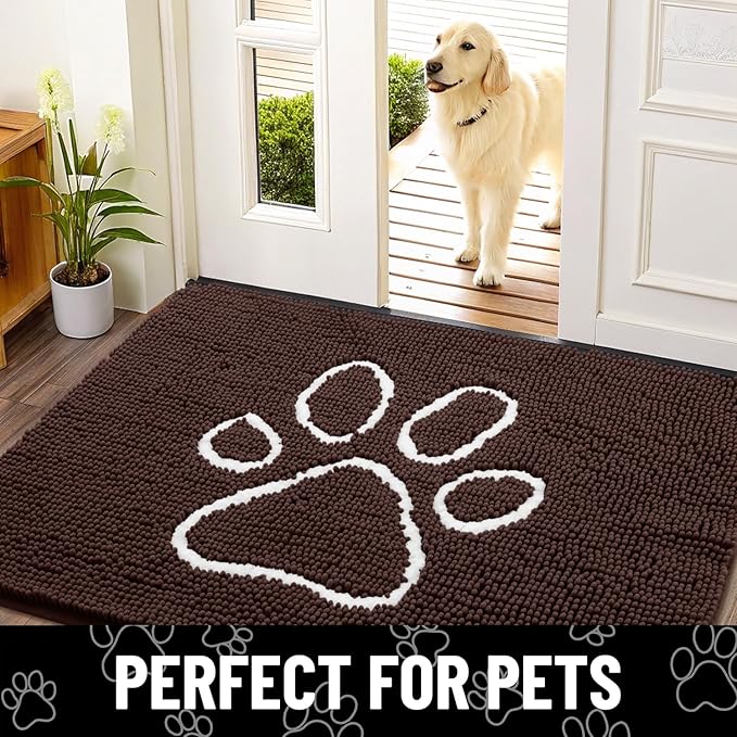 Smiry Dog Door Mat for Muddy Paws, Absorbent Dirt Trapper Non Slip Quick Dry Washable Chenille Mat for Mud Dogs, Entry Rug for Indoor and Outdoor (44x32 Inches, Brown and White)
