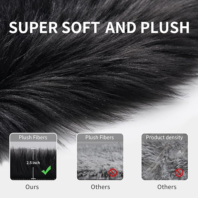 Small Faux Fur Rug, 2x4 ft Ultra Soft Sheepskin Rug Chair Sofa Cover Seat Pad, Black Fluffy Shag Rug for Bedroom Nursery Kids Room, Luxury Shaggy Rugs Fuzzy Plush Floor Carpets, Cute Dorm Home Decor