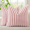 decorUhome Summer Cozy Faux Fur Throw Pillow Covers 24x24 Set of 2 Decorative Soft Plush Striped Modern Farmhouse Boho Couch Euro Sham Pillow Cases with Velvet Back for Sofa Bed Living Room, Pink