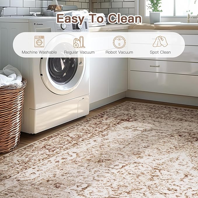 Lofus 6x9 Area Rugs for Living Room, Washable Area Rug, Rugs for Bedroom, Kitchen, Vintage Boho Carpet, Soft Non-Slip, Low Pile Large Area Rug for Office Dining Room, Vintage Beige Brown