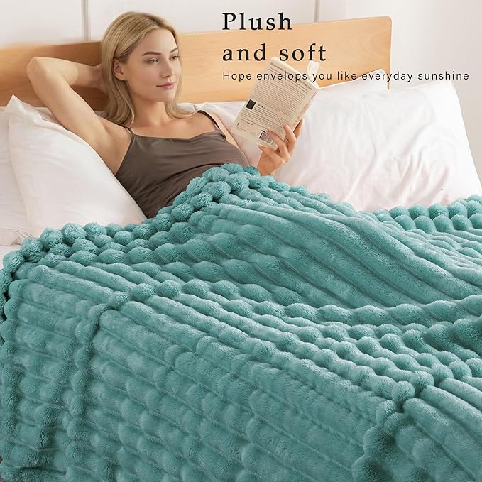 Exclusivo Mezcla Fleece Throw Blanket for Couch, Super Soft Striped Jacquard Bed Blanket, Lightweight Fuzzy Cozy for All Seasons, 50x60 Inches, Celadon