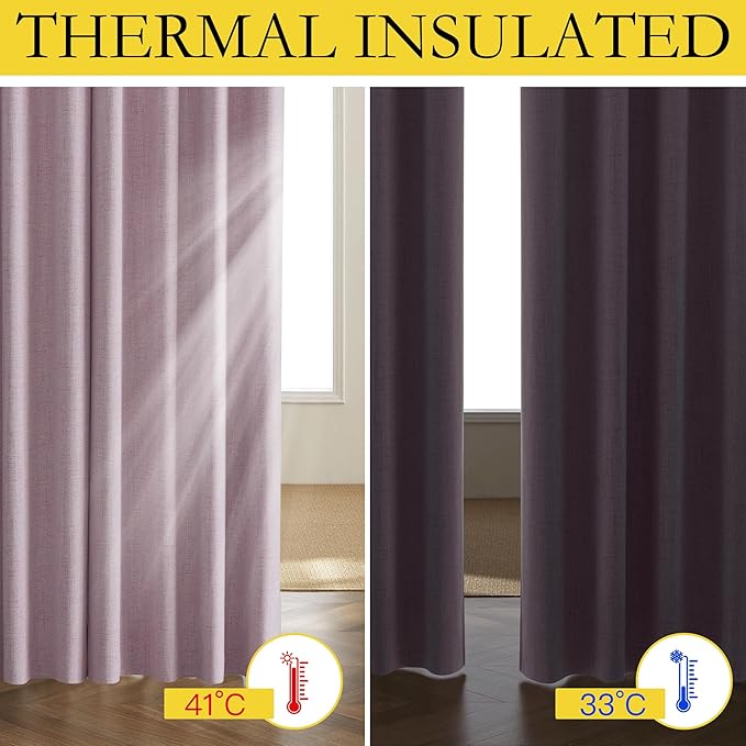 NICETOWN Pink Vintage Linen 100% Blackout Curtains for Living Room, Thermal Insulated Curtains 48" Long, Noise Reducing Window Treatment Drapes for Hall Room, 52" Wide Per Panel, Set of 2