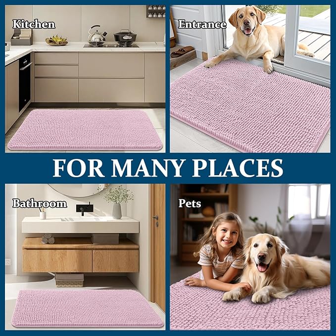 OLANLY Dog Door Mat for Muddy Paws 35x24, Absorbs Moisture and Dirt, Absorbent Non-Slip Washable Doormat, Quick Dry Chenille Mud Mat for Dogs, Entry Indoor Entryway Carpet for Inside Floor, Dusty Rose