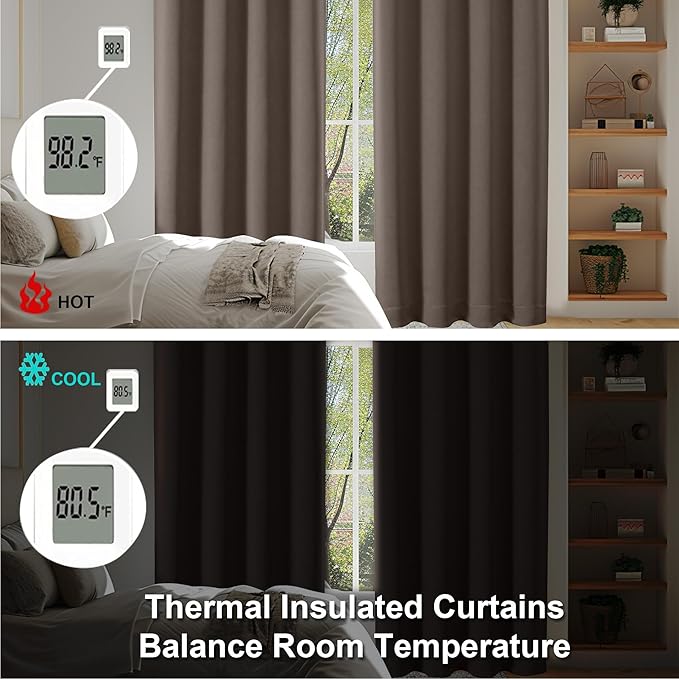 Simplebrand Ava Brown Blackout Curtains for Bedroom 84 Inch Length 2 Panels Set, Solid Thermal Insulated Privacy Living Room Window Treatment Curtains Blackout Drapes, W40 x L84 Inch, Brown