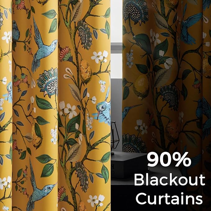 Extra Long 108 Inches Curtains for Large Window Luxury Mustard Yellow Floor To Ceiling Blackout Vintage Floral Hummingbird Fancy Grommet Drop Cloth Damask Drape for Living Room Dining 2 Pages 9FT