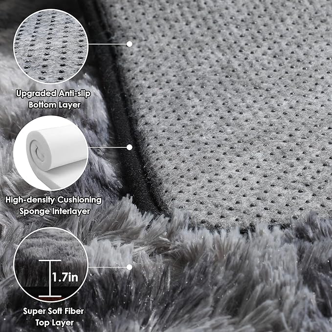 ONASAR 6x9 Area Rugs for Living Room Bedroom, Tie-Dyed Dark Grey Large Fluffy Bedside Throw Rug, Soft Plush Shaggy Fuzzy Floor Carpet for Nursery Kids Girls Boys Teen Dorm Home Decor