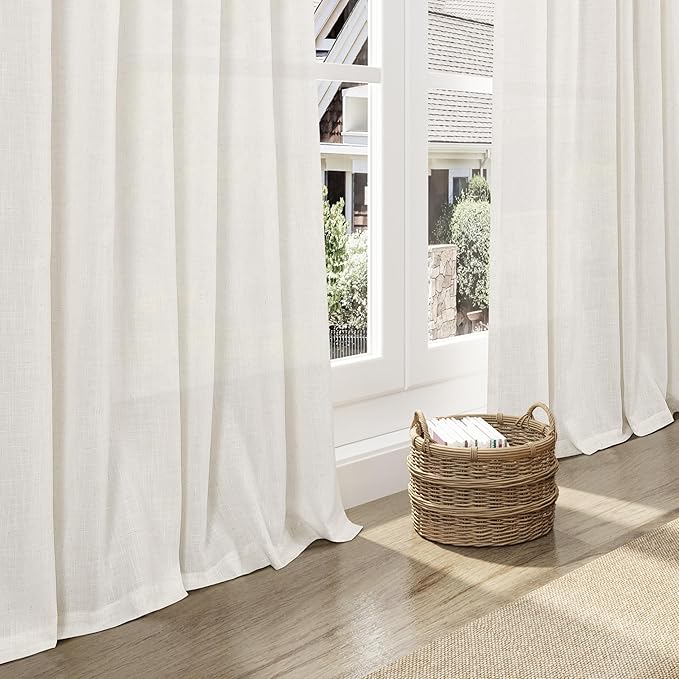 Beige White Kitchen Cafe Sheer Curtains 54 Inch Long 2 Panel Back Tab Linen Textured Light Filtering Short Neutral Bohemian Farmhouse Bedroom Bathroom Curtains 52Wx54L