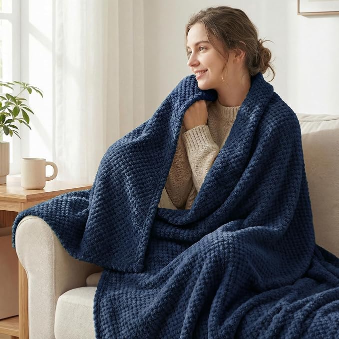 Exclusivo Mezcla Fleece Throw Blanket Extra Large, Super Soft and Warm Blankets for Couch, Sofa and Bed Waffle Textured, Cozy, Fuzzy and Lightweight (Navy Blue, 50x70 Inches)