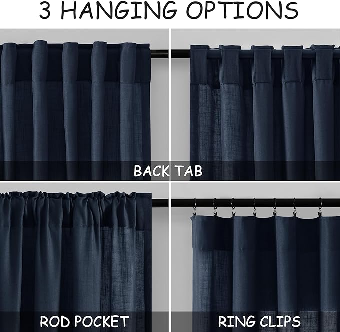 Nanspring Navy Blue Linen Curtains for Living Room 2 Panels Set Extra Long Back Tab Light Filtering Semi Sheer Curtain Drapes for Bedroom Neutral Farmhouse Ceiling to Floor for Large Window 52x100