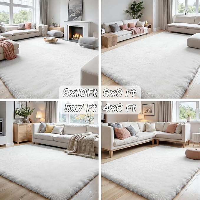 8x10 Area Rugs for Living Room:Ultra Soft Fluffy Shag White Rugs for Bedroom, Non-Slip Large Fuzzy Plush Rug Indoor Floor Carpet for Nursery Kids Boys Girls Room, Dorms, Playroom, Modern Home Decor